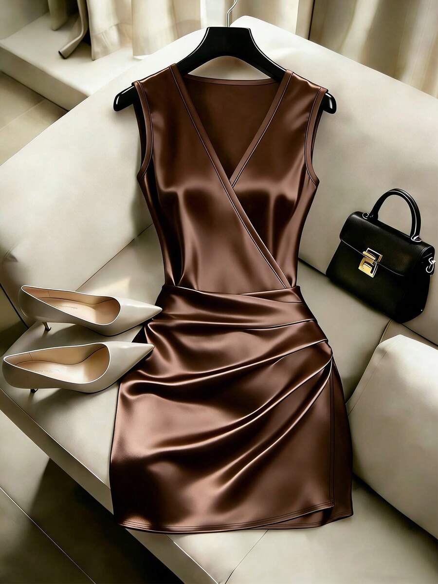 Franclia 时尚V领无袖褶裥腰部不规则修身连衣裙，女士缎面连衣裙，春夏女士连衣裙，女士优雅派对连衣裙，女士度假装，女士情人节装，女士棕色连衣裙，女士性感连衣裙，女士无袖连衣裙 - 杏色 - 查看 1