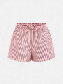 SHEIN Celana Pendek Bergaris Pinggang Rendah untuk Remaja Perempuan, Cocok untuk Liburan Musim Panas di Pantai, Celana Pendek Kasual di Rumah. - Merah - View 6