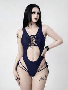 ROMWE Goth Traje de baño de una pieza con cordón de unicolor para mujer, adecuado para vacaciones en la playa, fiestas en la piscina, fiestas en la playa - Multicolor - Ver 3