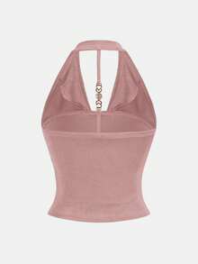 SHEIN Girlism 少女露背吊带背心，金属装饰扣，适合邮轮、万圣节、晚宴、生日、返校节、运动、返校、度假、大学风、复活节、音乐节、毕业典礼、家庭聚会等场合；时尚甜美纯色双层蕾丝白色迷你A字Y2K套装，搭配白色荷叶边层叠蛋糕裙；针织露背短款上衣，打结细节，不对称下摆；短款上衣 - 粉色 - 查看 2