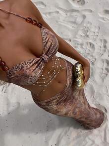 Swim Vcay Multicolor Halter Rhinestone Textured Pattern Bikini Set With Long Thongs Skirt For Women - Multicolor - View 1