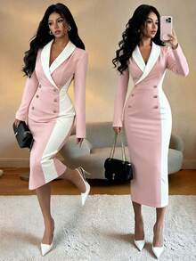 SHEIN LUNE Chic White Long Sleeve Midi Dress For Women With Shawl Collar Double Button And Bodycon Design Golf Autumn Sexy - Dusty Pink - View 4