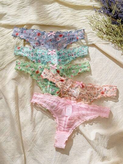 5pcs/Set Women Ditsy Floral Ruffle Trim Bow Decor Cute Thong Panties