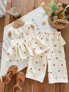 SHEIN Baby Girl Cherry Print Ruffle Top And Pants Casual Daily Outfit - Red - View 2
