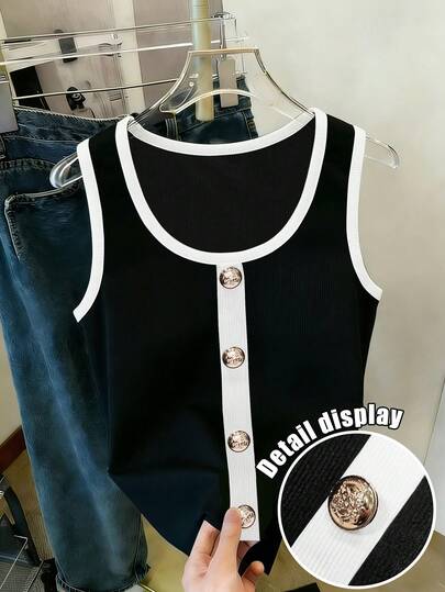 Resyla Fashionable Black & White Contrast Metal Buckle Sleeveless Vest French Style Black & White Contrast Metal Buckle Vest, Fresh And Chic For Summer