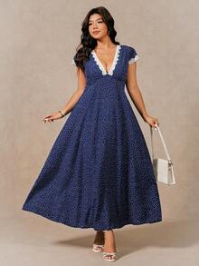 Breezaya Plus Size Women's Navy Blue Summer 1920s Flapper Date Night Dress,Vintage Early Spring Lace Trim White Polka Dot Casual Dresses,Yisikado Zanea Dress - Navy Blue - View 6
