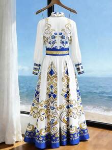 SHEIN Franclia Đầm dài in họa tiết cổ điển kiểu cung điện nghỉ dưỡng dành cho nữ, cổ ve áo xếp nếp, gấu đầm. - Màu xanh lam - Xem 2