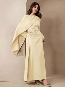 Graceveil 女士可拆卸披肩领优雅连衣裙，棕色长袖二合一连衣裙 - 杏色 - 查看 5