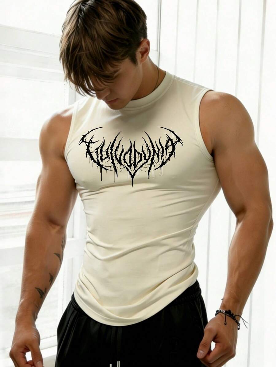 GymBeat Men's Gothic Print Casual Fitness Workout Tank Top - Apricot - View 1