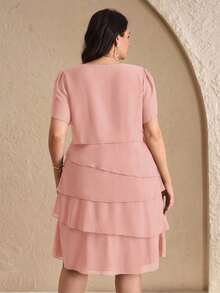 Chikora Plus Size Elegant Solid Color Multi-Layer Dress, Summer - Pink - View 2