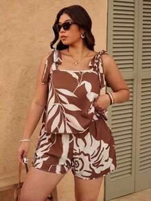 Elaquor 大码女式热带植物印花吊带背心和短裤两件套 - 彩色 - 查看 7