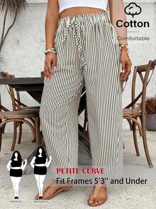 SHEIN PETITE CURVE 大尺碼女款小個子拼色條紋休閒長褲，高腰寬腿優雅長褲，適合夏季、波西米亞風、度假、假日 - 黑與白 - 查看 1