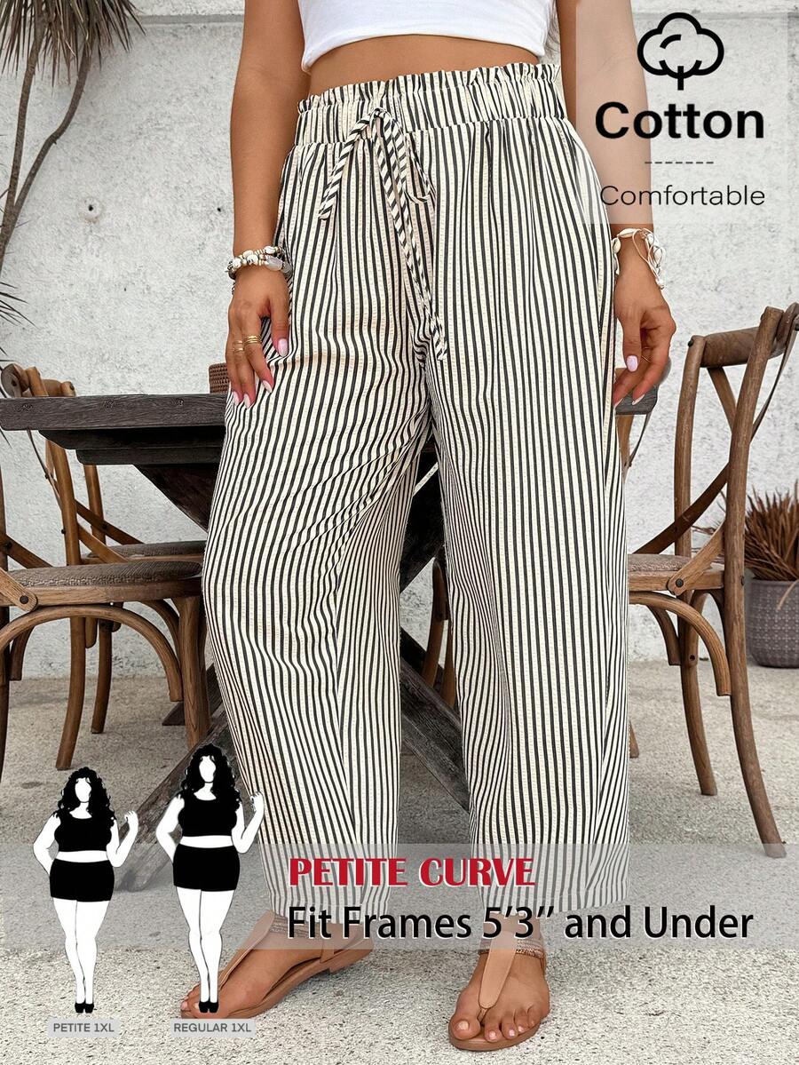 SHEIN PETITE CURVE 大尺碼女款小個子拼色條紋休閒長褲,高腰寬腿優雅長褲,適合夏季、波西米亞風、度假、假日 - 黑與白 - 查看 1