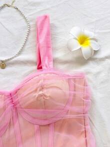 Soleia Áo không tay phối lưới thanh lịch dành cho nữ, thích hợp cho mùa hè. - Hồng - Xem 6