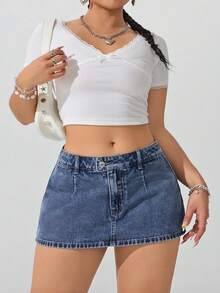 SHEIN ICON Plus Size Women Deep Blue Washed Denim Mini Skirt - Dark Wash - View 7