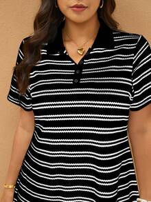 SHEIN CURVE+ 大码女式夏季条纹Polo领短袖休闲连衣裙 - 黑與白 - 查看 8
