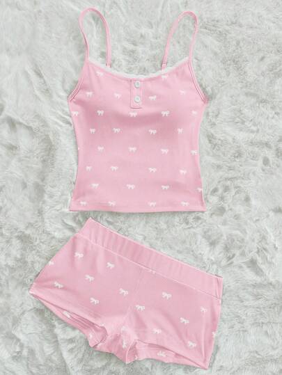 Sweetina 蝴蝶结印花吊带露脐上衣和短裤两件套，青少年休闲装