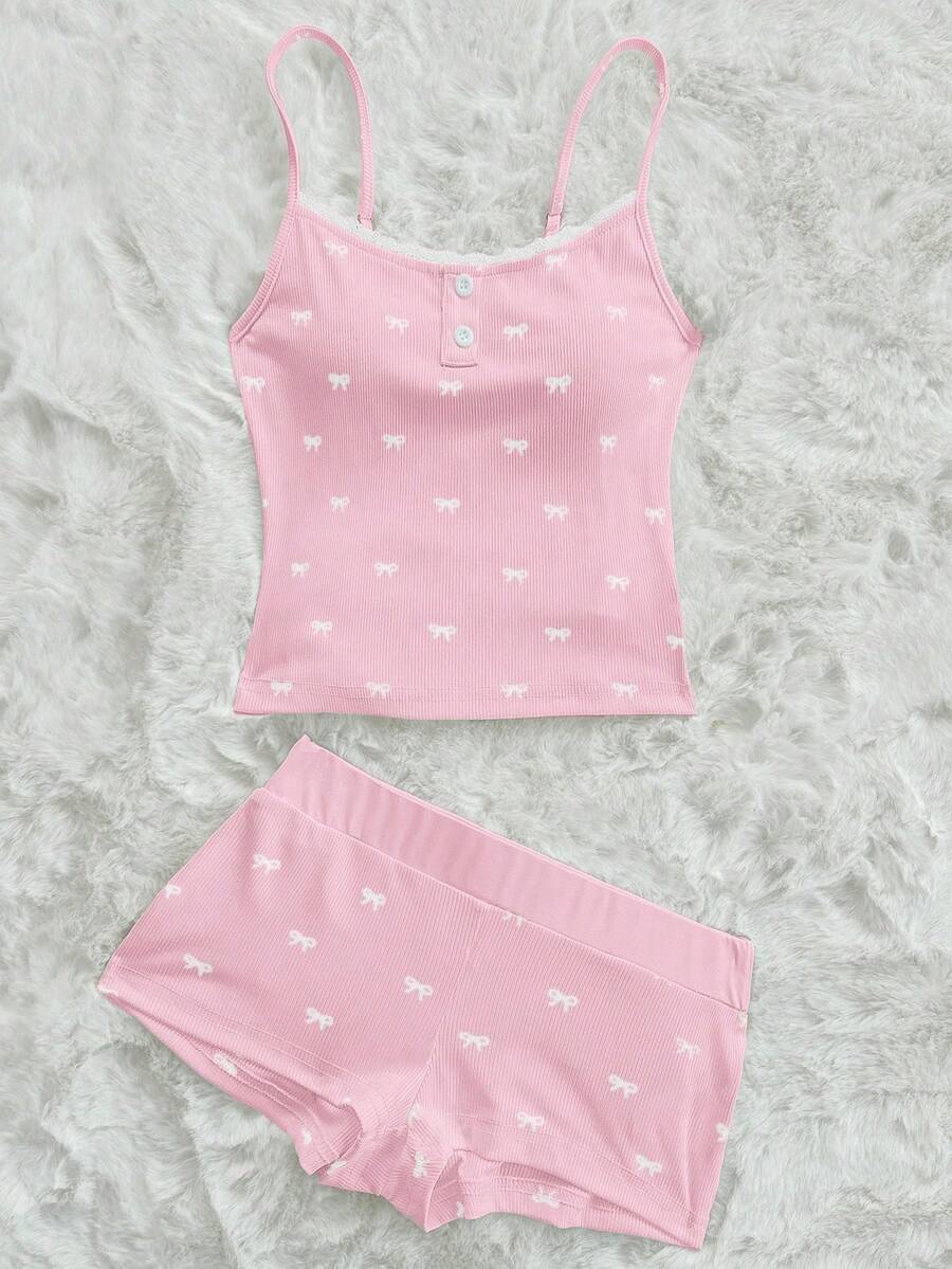 Sweetina 蝴蝶结印花吊带露脐上衣和短裤两件套，青少年休闲装 - 粉色 - 查看 1