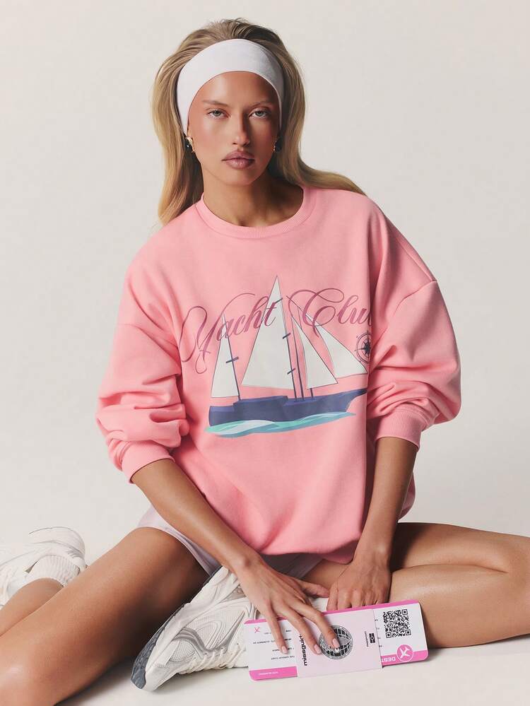 MISSGUIDED Women's Pink Yacht Club Sailboat Graphic Sweatshirt Crew Neck Long Sleeve Casual Nautical Inspired Pullover