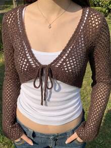 SHEIN EZwear Coffee Brown Long Sleeve Front Tie Cropped Thin Cardigan - Coffee Brown - View 10