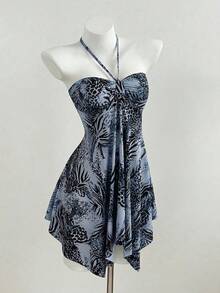 Elamini Đầm mùa hè gợi cảm dành cho nữ, họa tiết động vật, phối nhiều mảnh, buộc dây phía trước, vạt bất đối xứng, thích hợp cho kỳ nghỉ biển. - Màu xanh hải quân - Xem 3