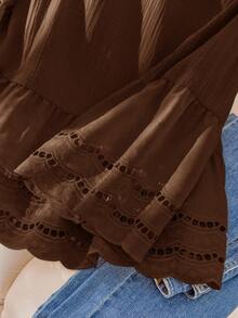 CosyJoli Plus Size Women Apricot Hollow Floral Lace Patchwork Casual Vacation Shirt - Brown - View 5