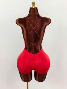 Amplova Bộ jumpsuit màu đỏ gợi cảm, hở lưng, dây mảnh chéo, thích hợp cho kỳ nghỉ biển. - Đỏ - Xem 2