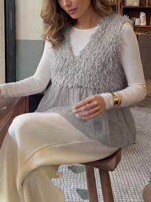 FRIFUL Women's Black Sleeveless Patchwork Fuzzy Fabric Pleated Design Loose Casual Versatile Layering Tank Top, Autumn - Grey - View 10