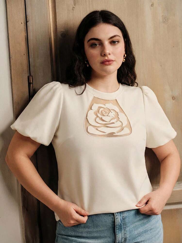 Anewsta Spring/Summer Plus Size Women's T-Shirt, Elegant Resort Embroidered Rose Short Puff Sleeve T-Shirt, Suitable For Daily Wear, Spring/Summer, Holidays, Commuting, Beach, Vacation