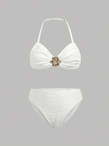 Bộ bikini 3 mảnh cho bé gái tuổi teen, thích hợp mặc đi nghỉ mát, kiểu dáng thường ngày, thời trang, cổ yếm, chất liệu vải có họa tiết, màu trắng, áo bơi cổ yếm và quần bơi, váy bơi, họa tiết hoa và cúc kim loại, bộ bikini 3 mảnh, thích hợp cho kỳ nghỉ biển. - trắng - Xem 8