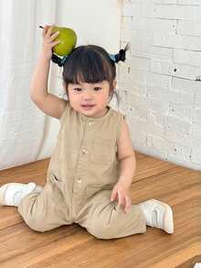 SHEIN 女婴深蓝色牛仔无袖白色条纹连体锥形裤 - 卡其色 - 查看 2