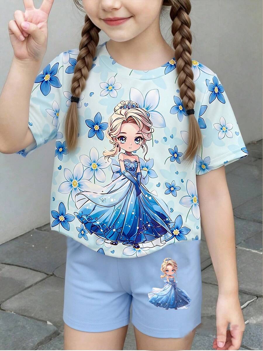 Cartoon Character Print Round Neck Short Sleeve Casual T-Shirt And Shorts Set For Young Girls - Multicolor - View 1