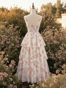 Vintamour Women's Elegant White And Pink Ditsy Floral Maxi Dress,Cottage Core Heart Neck Ruffle Hem Camisole,Summer Holiday Tea Party Vacation Wedding Guest - Multicolor - View 5