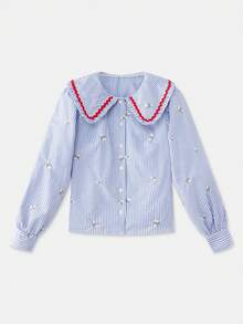 lacRébo Blue Embroidered Shirt With An Oversized Collar And Contrasting Red Lace Trim Spring Summer French Style Parisian Style Business Casual - Blue and White - View 7