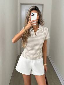 Easowa Áo polo dáng ngắn cổ bẻ, eo nhún, chất liệu vải kẻ sọc, kiểu dáng thoải mái, thanh lịch, thích hợp đi làm, đi nghỉ mát cho nữ, mùa xuân/hè. - Nhiều màu - Xem 1