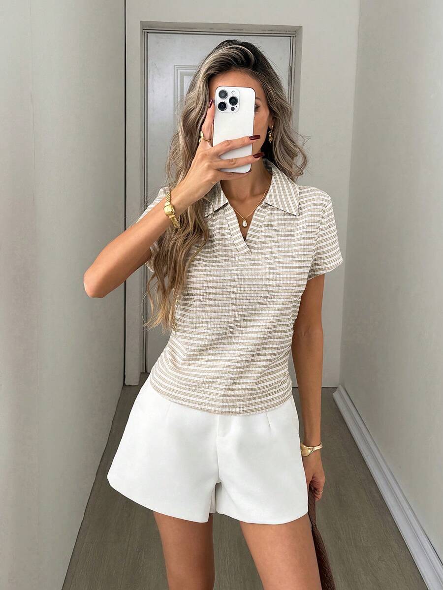 Easowa Áo polo dáng ngắn cổ bẻ, eo nhún, chất liệu vải kẻ sọc, kiểu dáng thoải mái, thanh lịch, thích hợp đi làm, đi nghỉ mát cho nữ, mùa xuân/hè. - Nhiều màu - Xem 1
