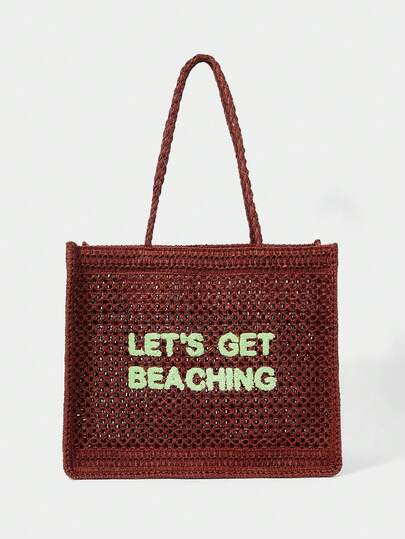 SHECARRY Women's Summer Fashionable Crocheted Tote Bag With Letter Design, Suitable For Vacation, Casual And Daily Shopping, Perfect For Beach Vacation, Travel, And Vacation Essentials