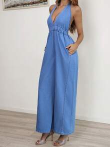 Sunnyshic 女士休闲露背吊带牛仔连体裤 - 藍色 - 查看 5