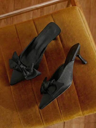 2025 French Bow Pointed-Toe High Heel Sandals For Women, Black, Fairy-Like Design, Suitable For Party & Valentine's Day Gift