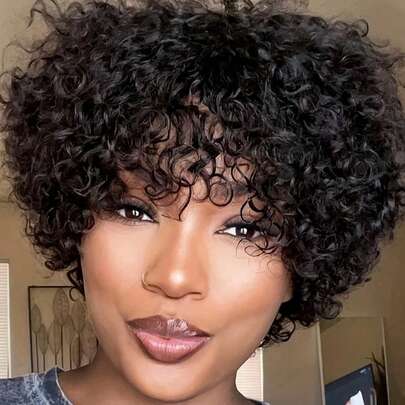 Short Loose Curly Wave Human Hair Wigs 150% Density Short Curly Layered Style 4 Inches Full Machine Made Wigs Natural Black Colored None Glue No Lace Human Hair Wig For Women Daily Use