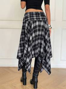 Aloruh 女士春夏新款不对称下摆格子中长裙，复古Y2K街头风 - 藏蓝色 - 查看 2