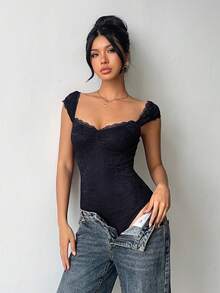 Aloruh Women's Wine Red Lace Bodysuit - Navy Blue - View 5