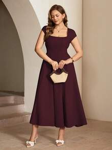 Roveilla Plus Size Women's Square Neck Short Sleeve Maxi Dress, Formal Elegant 1950s Vintage Burgundy Summer French Style Pleated Hem Party Evening Wedding - Maroon - View 3