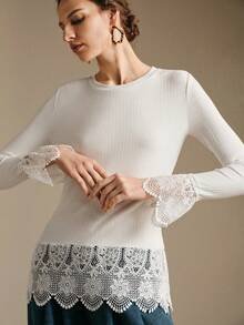 SHEIN Unity Women's White Ribbed Knit Long Flare Sleeve T-Shirt With Contrast Lace Trim And Round Neck Casual Regular Fit Top - White - View 4