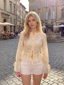 DAZY Women's Solid Color Lace Fitted Drawstring Hem Ruffle Tie Elegant Vacation Blouse, Spring/Autumn - Beige - View 5