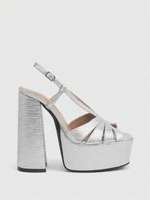 CUCCOO LuxiPop Sandalias de plataforma con tiras cruzadas y suela gruesa plateadas para mujer, estilo de fiesta de discoteca, adecuadas para primavera, verano, vacaciones, estilo de los 2000 - Plateado - Ver 1