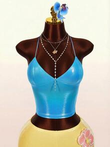 Amplova 女士纯色露背休闲百搭日常上衣 - 藍色 - 查看 10