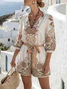 SHEIN Elenzya 优雅浪漫印花V领束腰连体裤，女士度假款 - 彩色 - 查看 3