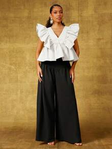 Vixey Solid Woven V Neck Ruffle Petal Sleeve Peplum Hem Top - White - View 3