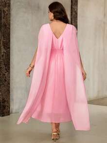 Roveilla Plus Size Women's Blush Pink Summer Elegant Formal Wedding Ninang Maxi Dress,Chiffon Shirred Waist Drop Shoulder French Boho Wrap Dresses - Pink - View 5
